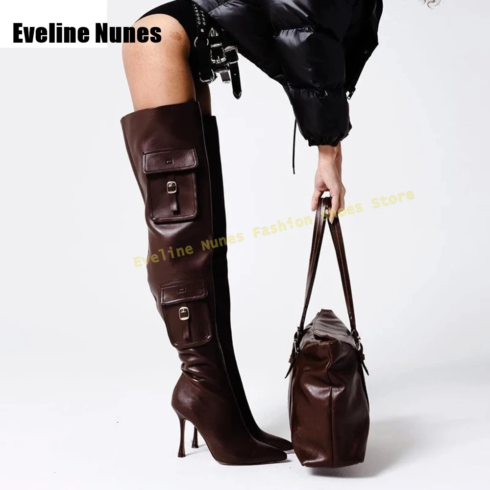 

decorationBrown Pocket Decoration Over The Knee Boots Pointed Toe Stiletto Side Zip Solid Patchwork Spicy Girl Street Style Shoe
