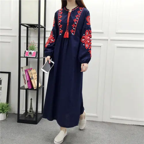 Cheshanf Floral Embroidered Ethnic Dress Cotton Linen Lantern Long Sleeve Maxi Dress Black Blue White Loose Long Dress Women