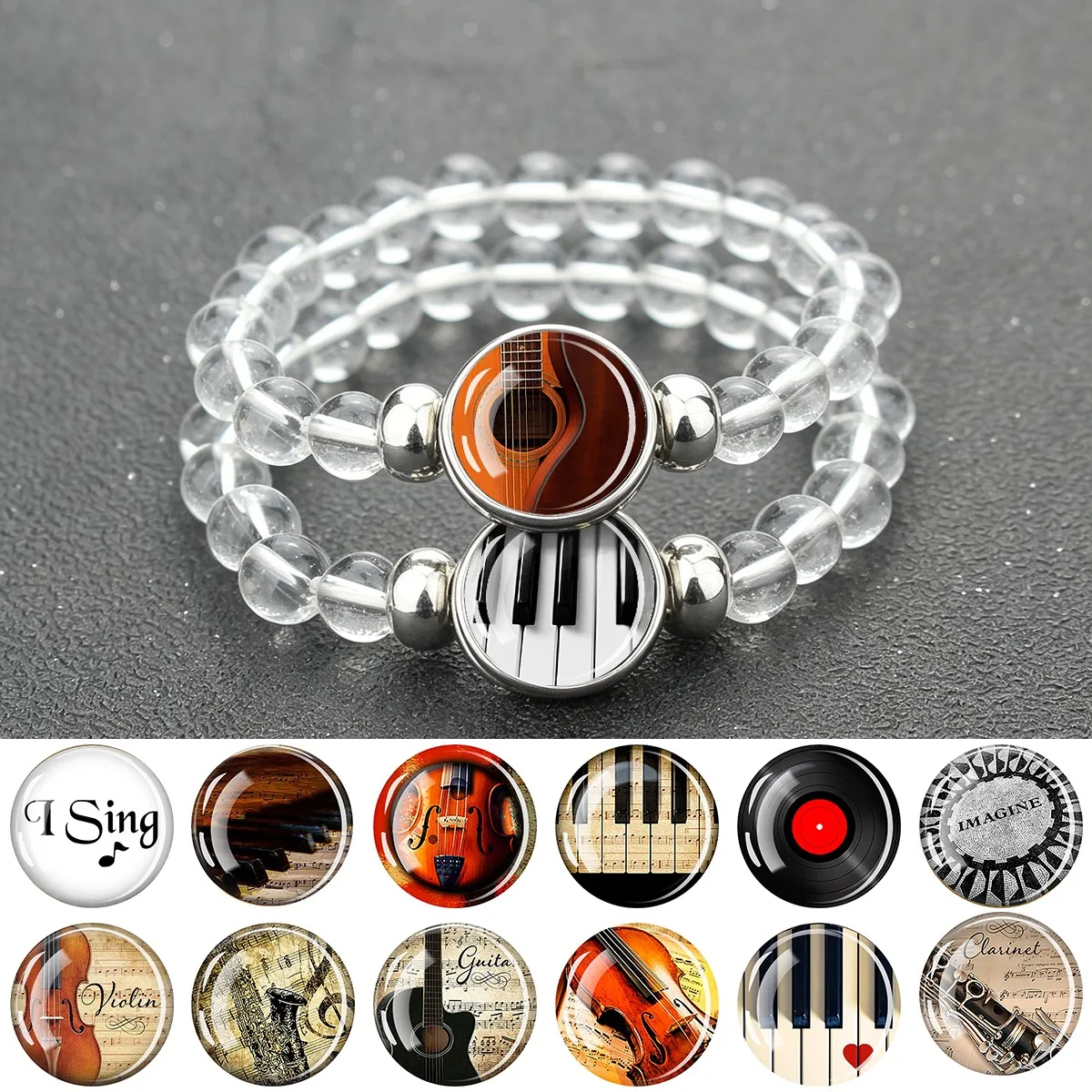 1PC Music themed instrument pattern bracelet, elastic bead string and detachable buckle design, ideal choice for holiday gifts