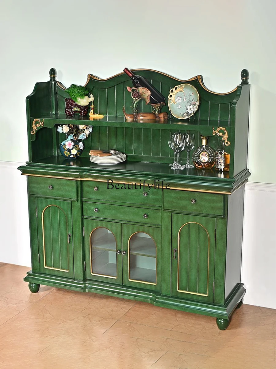 Country Sideboard Cabinet Solid Wood Wall Kitchen Shelf Integrated Retro Green Furniture