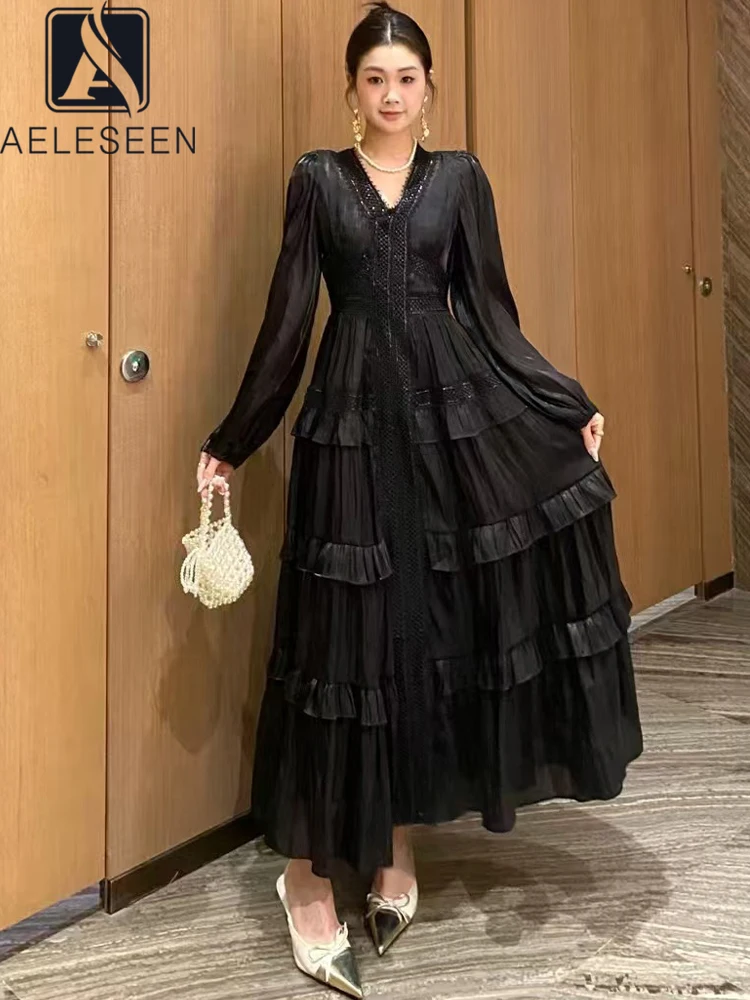 

AELESEEN Black Wedding Dress Glitter Embroidery Arabian Ladies Prom Dresses Elegant Lady A-line Tulle V-Neck Sequined Party
