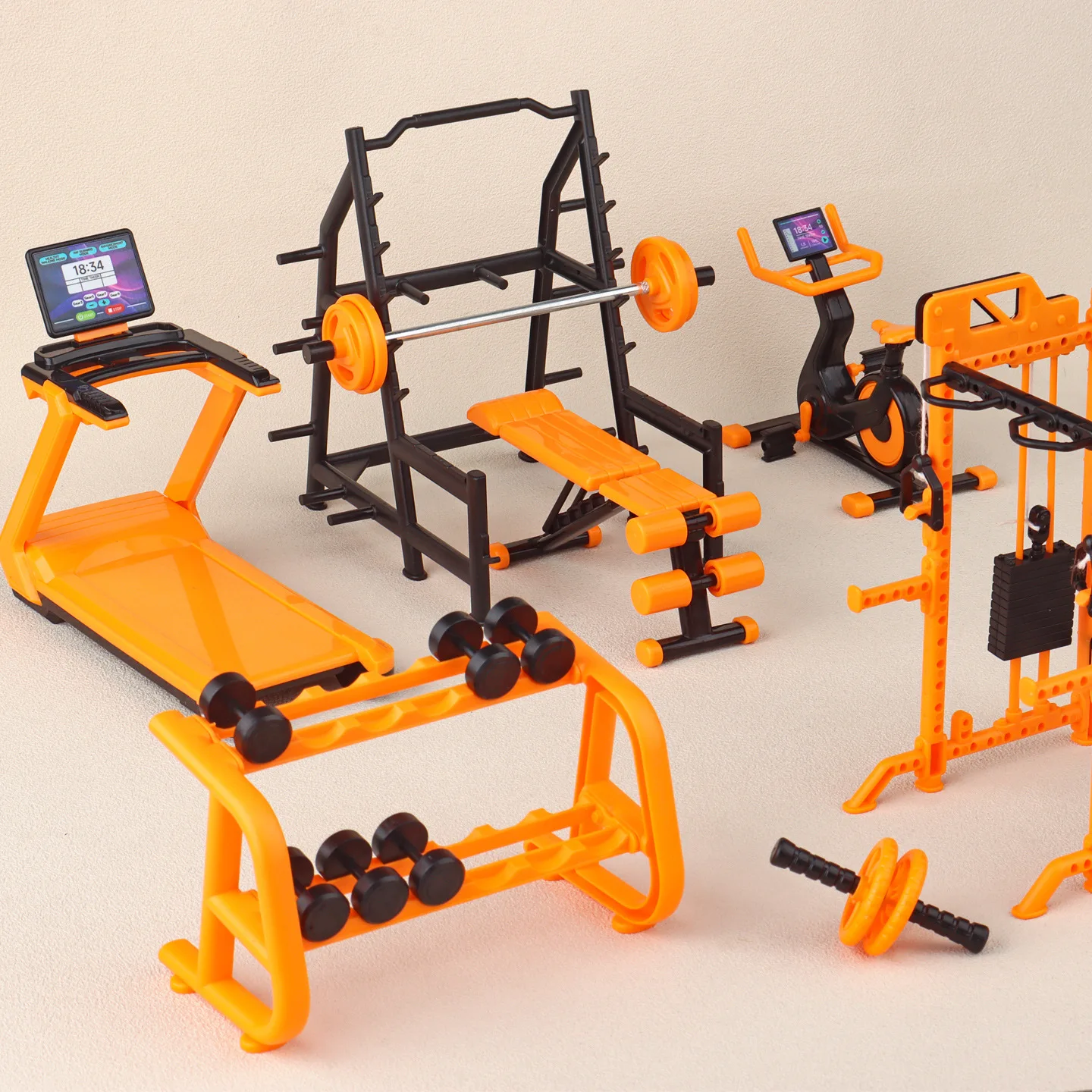 1/12 DIY Miniature Gym Fitness Equipment Set Mini Assembly Treadmill Dumbbell Rack Bench Press Action Figure Furniture Kit