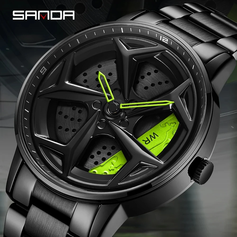 SANDA P1087 Top Brand Sport Car Wheel Rim Hub Watches For GTR Men Super Watch Stainless Steel Waterproof WristWatch Male Reloj