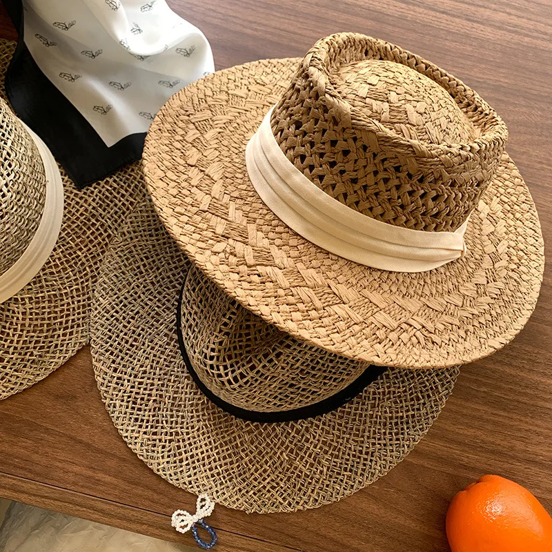 Womens Summer Breathable Hollow Out Woven Straw Hat Wide Brim Flat Top Uv Protection Sun Hat Multiple Ribbon Styles For Beach