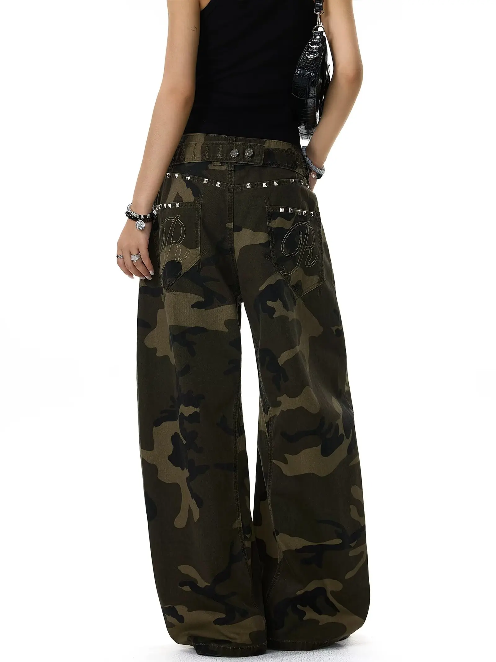 Camouflage Cargo Pants Paris Buckle Design Wide Leg Loose Baggy Vintage Streetwear Casual Long Trousers Camo Straight Trousers