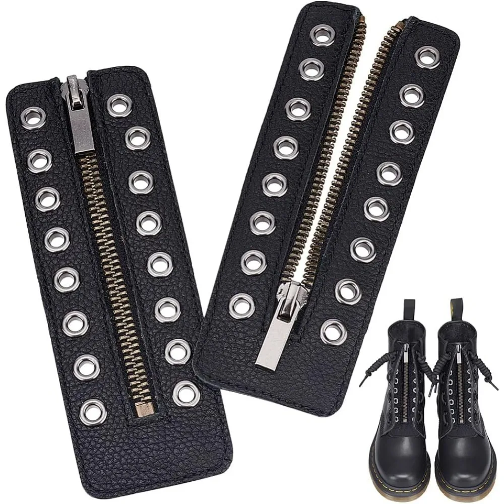 Leather Lace-in Boot Zipper Inserts 6.1 x 2.1 Inch 8 Metal Eyelets Zipper Boot Laces Black No Tie Shoe Laces for Adults Men