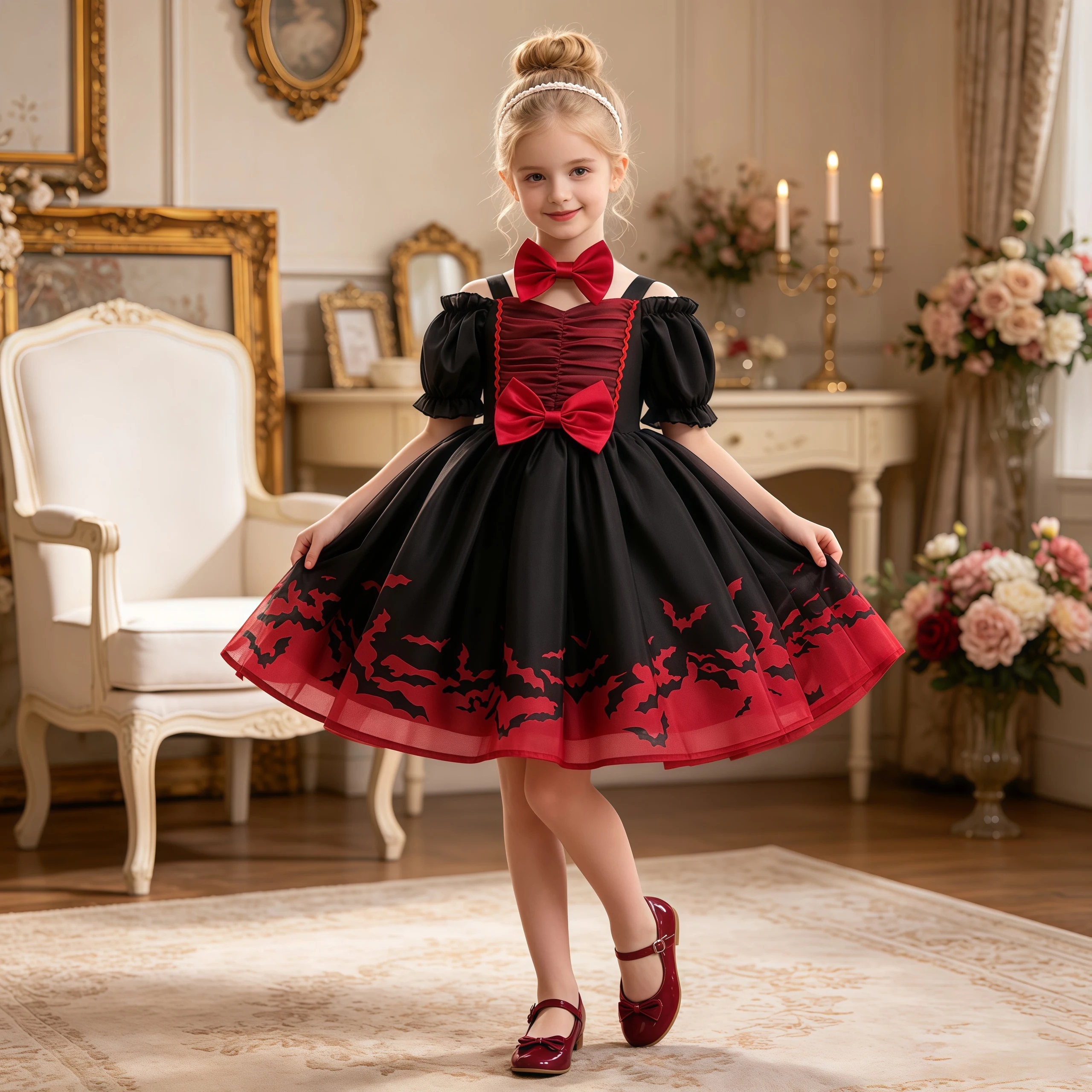 Elegant Party Bat Print Girls Dresses Formal Wedding Bridesmaid Princess Dress Girl Christmas Halloween Birthday Evening Costume