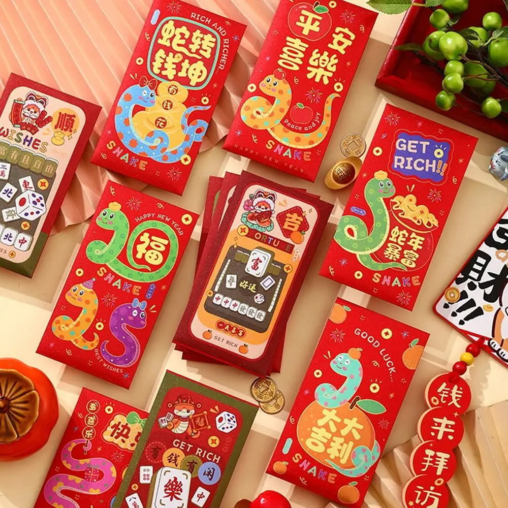 6pcs Chinese Style Snake Year Red Envelope Blessing Traditional 2025 New Year Red Envelope Paper Hongbao Red Packet Celebration