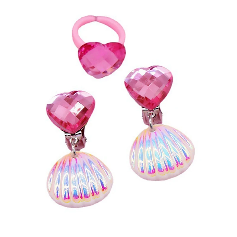 1set Kids Girls Child Pearl Acrylic Shell Shape Mermaid Necklace Bracelet Ring Ear Studs Clips Jewelry Set with Shoulder Bag