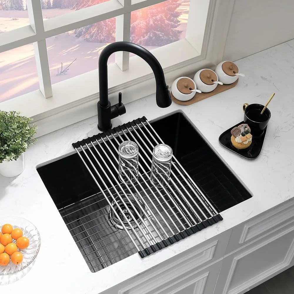 حوض غسيل من الفولاذ المقاوم للصدأ باللون الأسود غير اللامع مقاس 24 × 19 بوصة مع مقياس 16 لغرفة المرافق