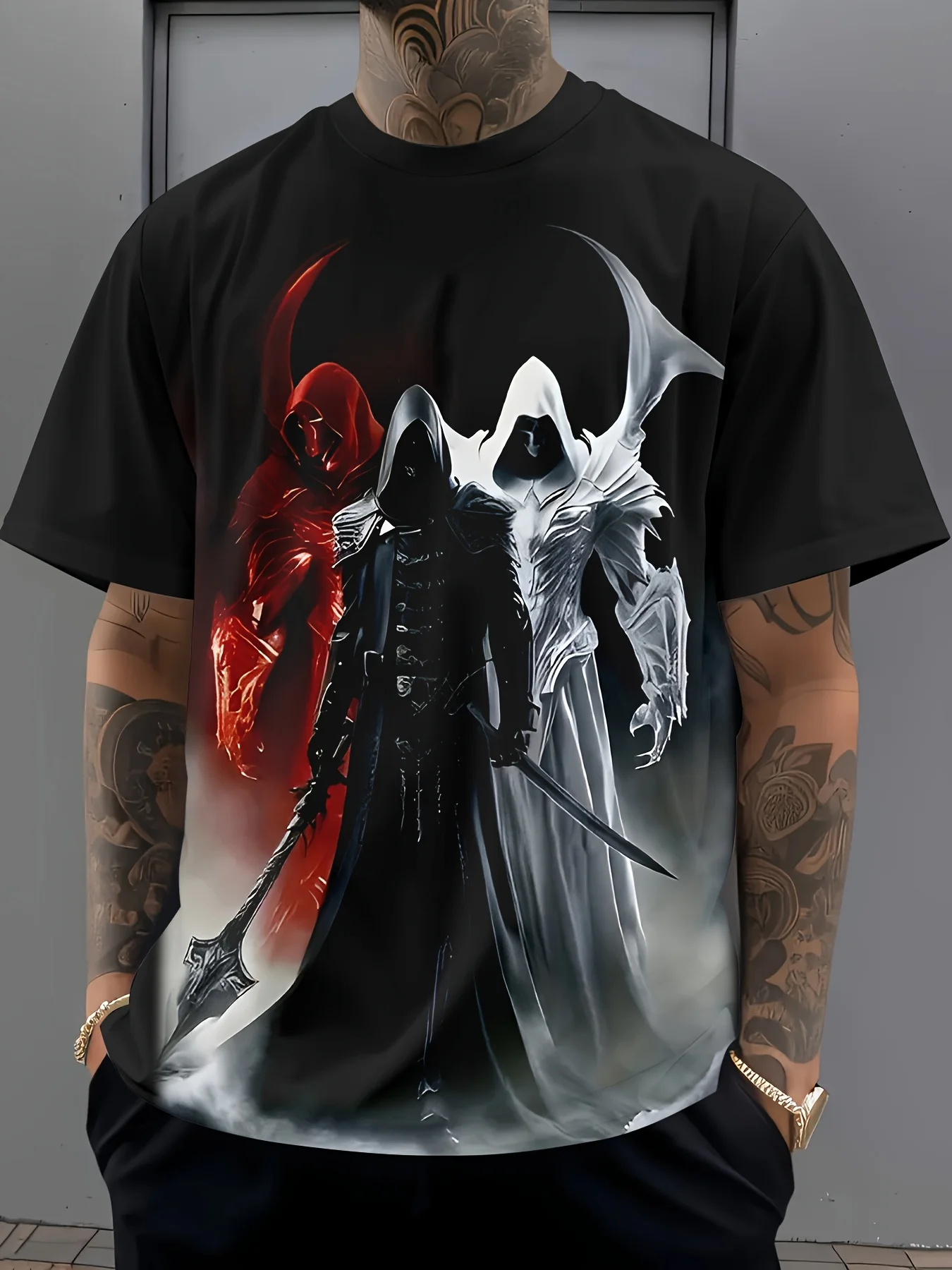 2026 New Casual Men's Short-Sleeve T-Shirt, Scythe and Devil Print Crew Neck T-Shirt, Holiday Party and Everyday Top