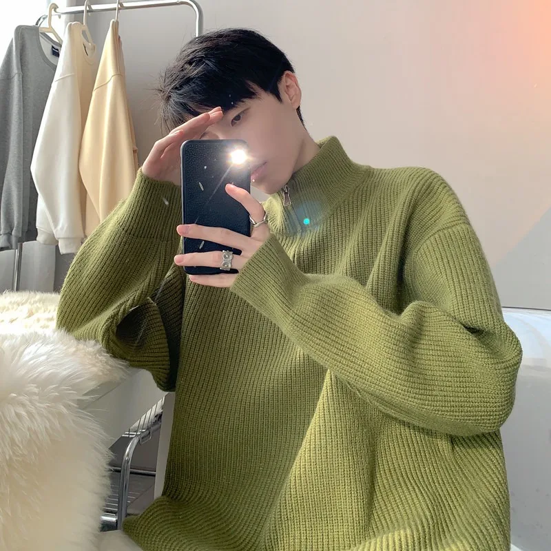 

Warm f-Zip Knitwear Long Sve Loose Fit High Collar Men's Faion Casual Polyester Fiber Winter Top Youth Active Sle