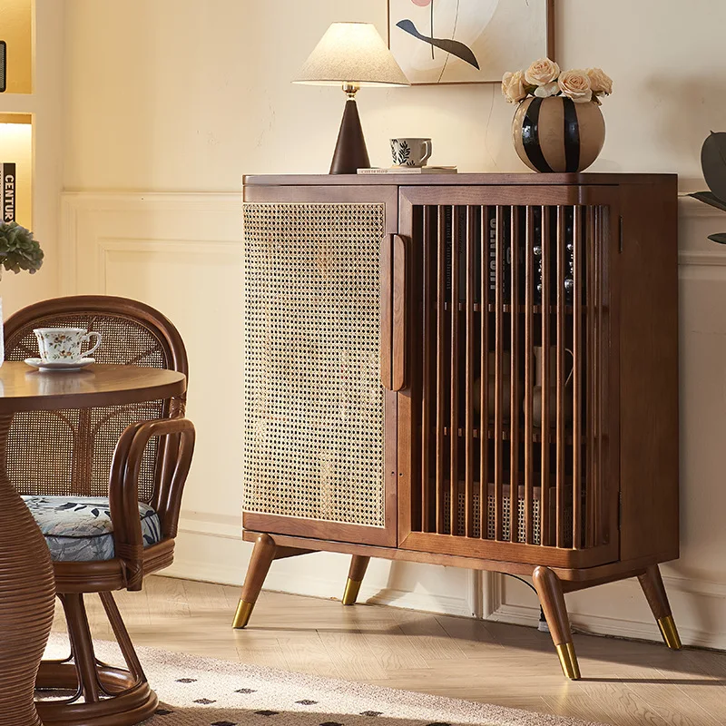 New Chinese-style solid wood rattan dining side cabinet, living room, B & B, wabi-sandy wind locker, three-layer tea cabinet