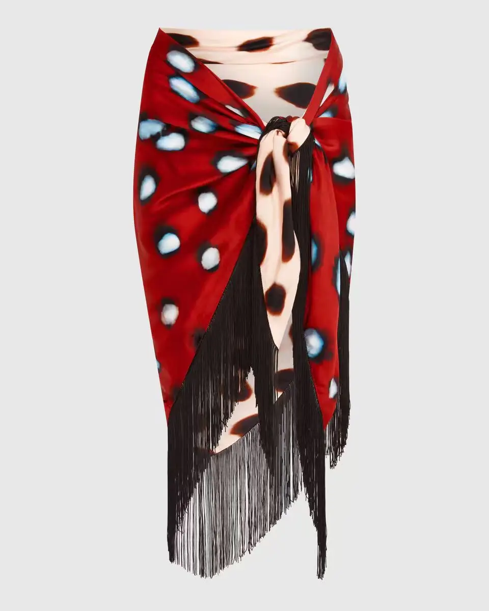 STYLISH LADY Red Dot Print Fringe Sarong Skirt 2026 Women Irregular Wrap Cover Up Skirt Beach Vacation Tassel Bandage Mini Skirt