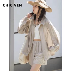 CHIC VEN Women Jackets New Casual Hooded Sunscreen Suit Elastic Waist Drawstring Shorts Two-piece Set Optional Summer 2024