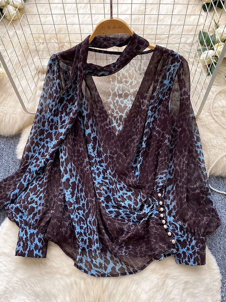 Women's Chiffon Blouse V-neck Leopard Print Style Long Sleeved Shirt Loose Slimming High-end Versatile Commuter female Top BL386