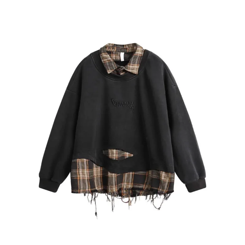 Men Women American Retro Plaid Patchwork Ripped Collar Hoodie Spring Autumn New Style Loose Trendy Versatile Couple Top