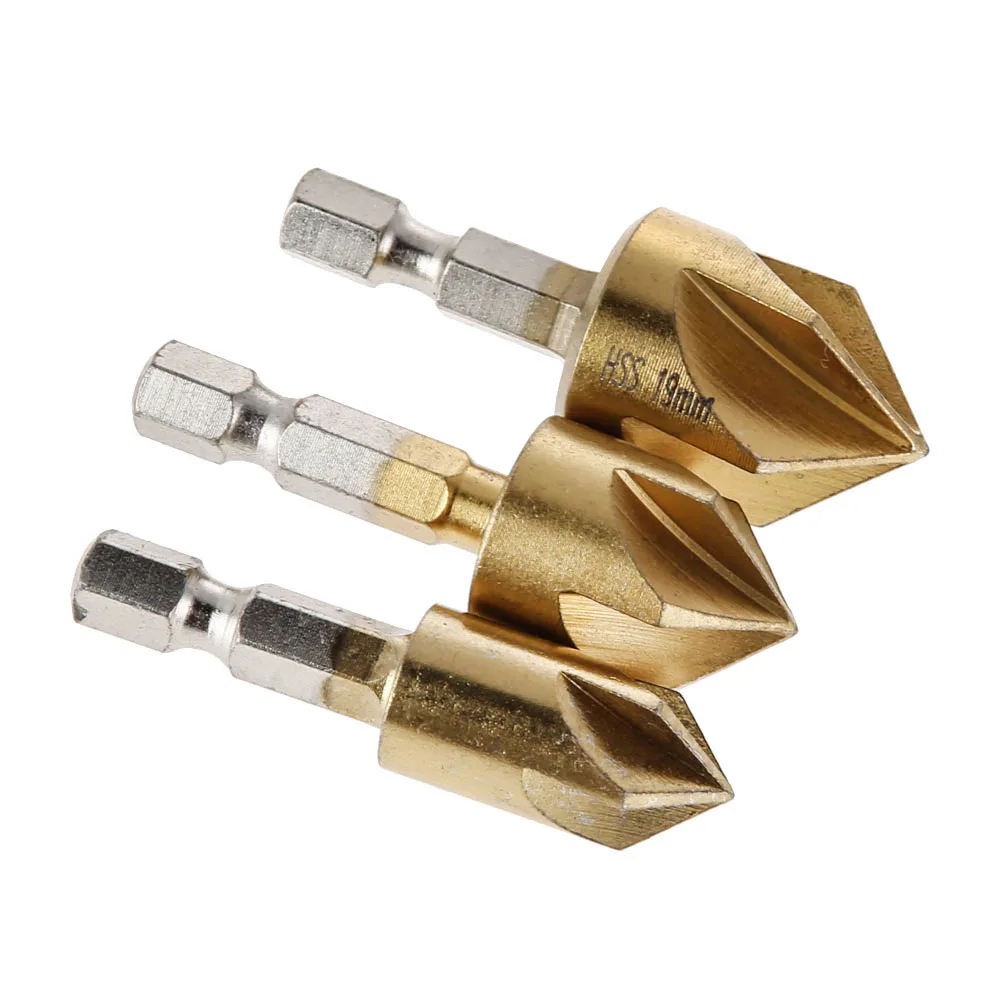 3 PCS Countersink Drill Bit Set 90 Degree 5 Flute 1/4 Inch Hex Shank HSS Hex Chamfer Boring Drill for Wood Metal Plastic