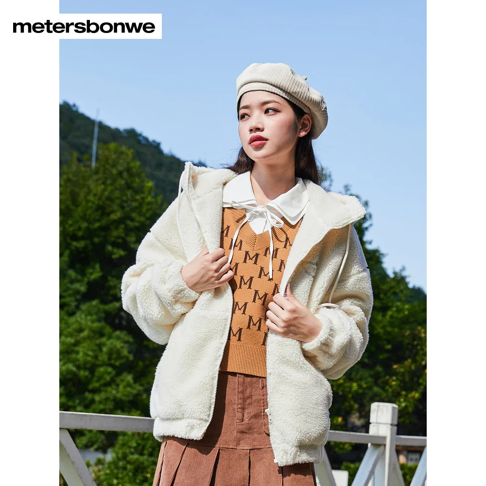 Metersbonwe-Ladies Artificial Lamb Down Fab Coat  College Short Cardigan Cotton-Padded Hooded  Urban Outdoor Autumn Winter