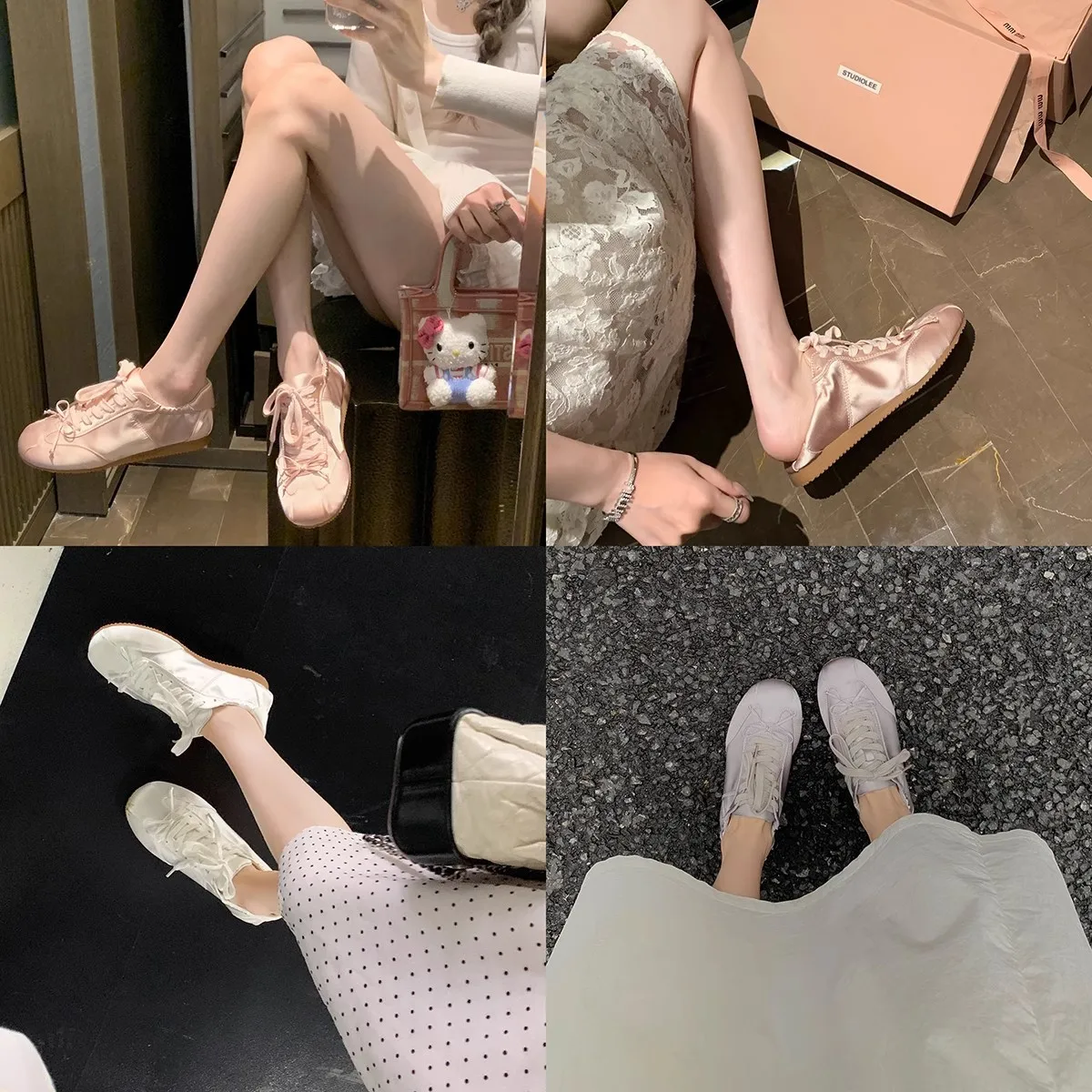 Grape Ma Ballet Style Sweet Girl Round Head Satin Sports Board Shoes Butterfly Knot Casual Training Shoes White Shoes