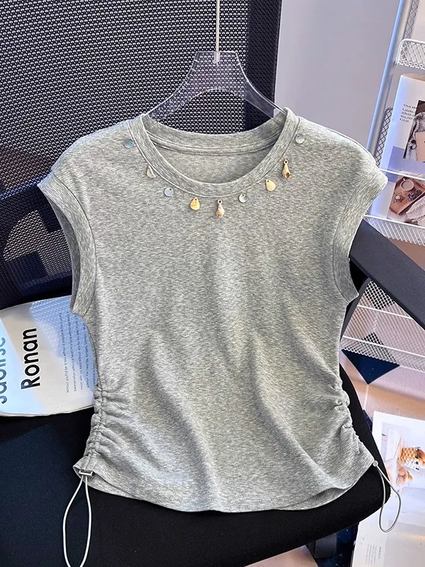 Ele ort Svel round Ne T-irt Women's New 2025 Slimming Pleated Waist Design Summer Faionable Top