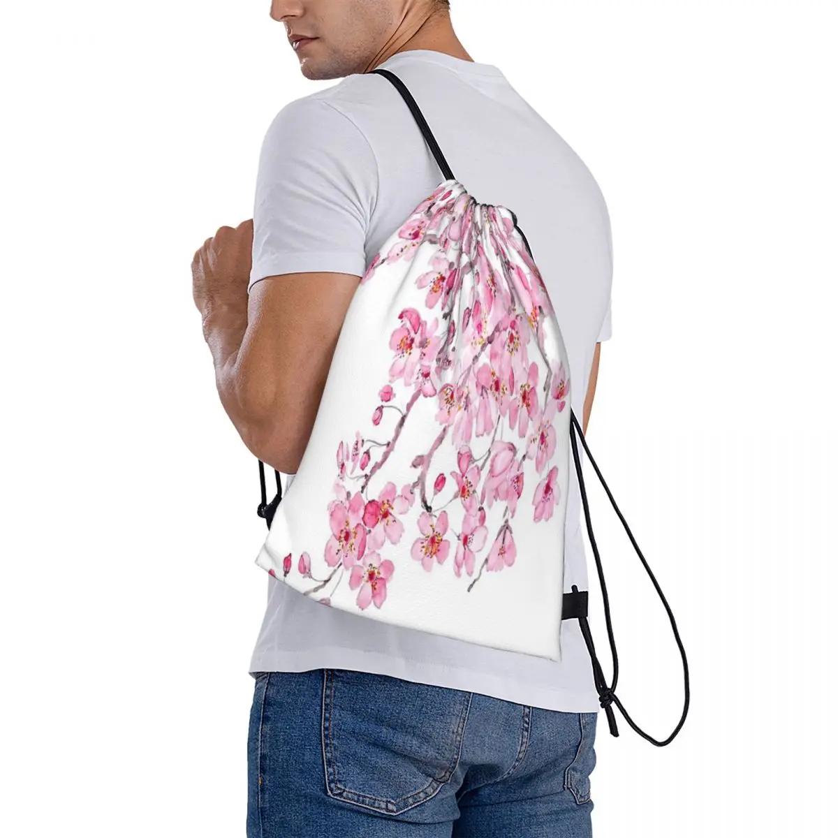 Rosa cereja flor aquarela Drawstring saco, verão tecido mochila, moda esportes, 2020