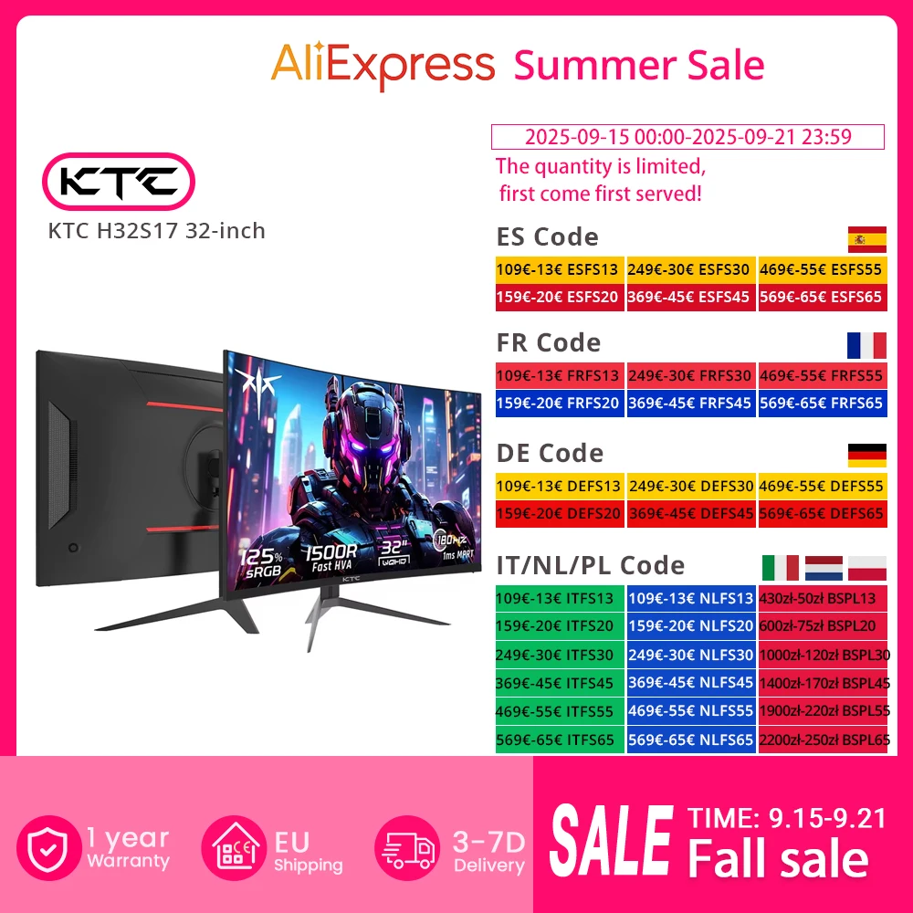 KTC H32S17 Moniteur de jeu 32 pouces 2560x1440 QHD 180 Hz HVA incurv 1500R 300cd/m2 Luminosit, 125 % sRGB, 1 ms (MPRT) Temps de rponse