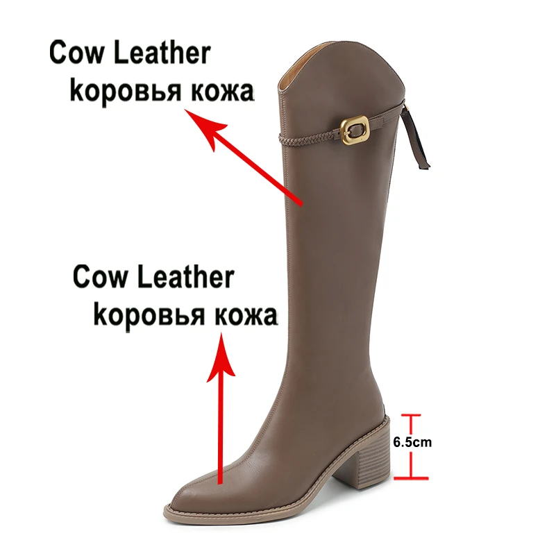 Meotina Women Genuine Leather Knee High Boots Pointed Toe Thick High Heels Zipper Buckle Western Long Boot Ladies Winter Shoes