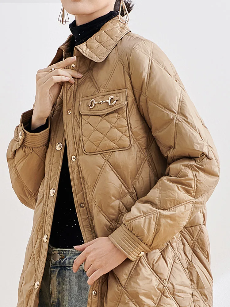 

Женская пуховая куртка 2025 года, новая зимняя повседневная модель с воротником-стойкой, свободного кроя, с ромбовидным узором, белая, уличная, стильная