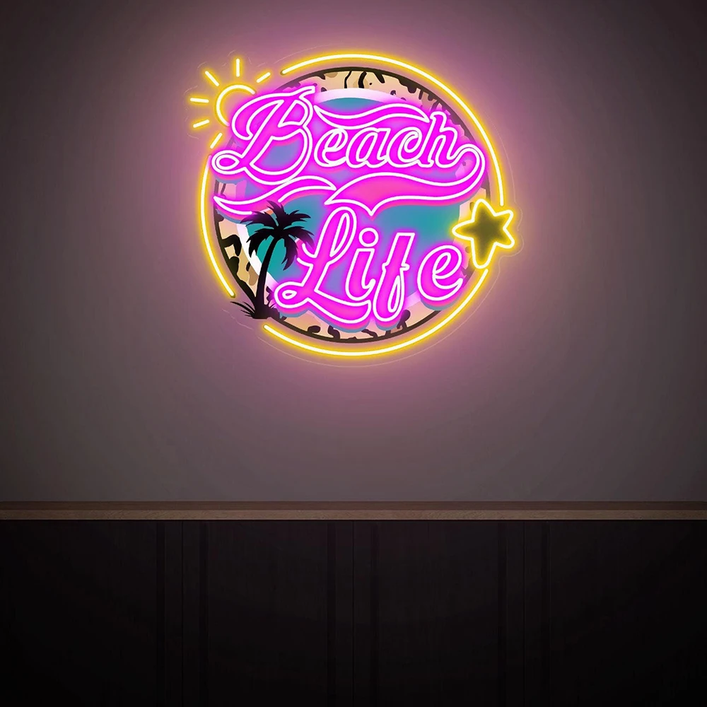 Beach Life Neon Sign for Beach Room Wall Art Decor Led Light Sign Custom Beach Party Bar Decoration Neon Light Summer Gifts