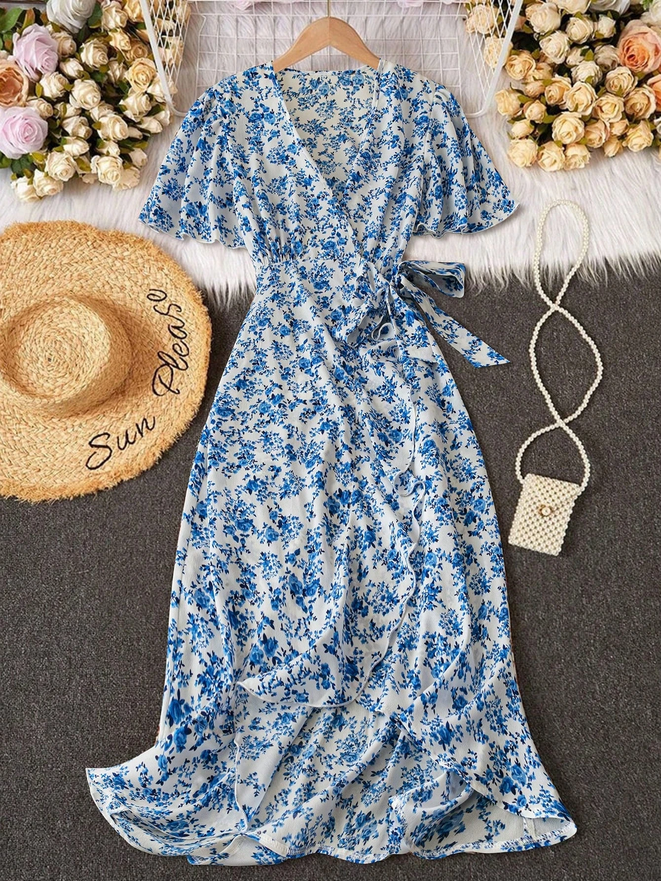 Plus Size V-Neck Tie Waist Ditsy Floral Midi Dress With Ruffle Sleeve And A-Line Silhouette For Casual Wear