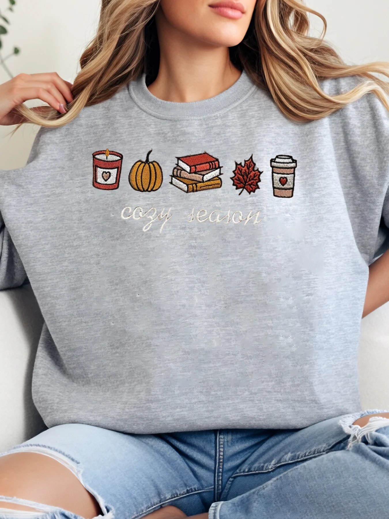 

Уютный сезон, свеча, тыква, книги, лист, кофейная чашка, принт, толстовка с круглым вырезом, осень, женская повседневная одежда, большие размеры