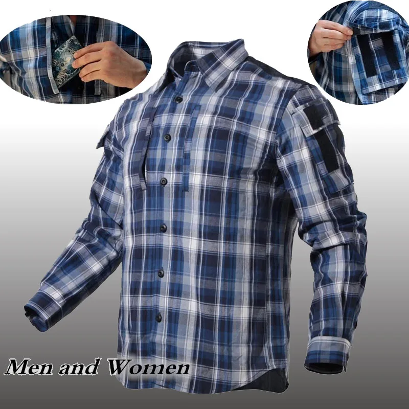 Army Fan Plaid Tactical Shirt Men Long Sleeve Breathable Cotton Plaid Shirt Women Outdoor Hiking Training Uniform Military Shirt