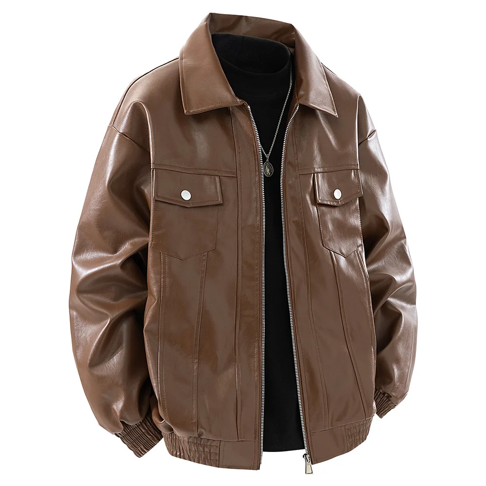 Men's PU Leather Jacket Lapel Multiple Pockets American Casual Bomber Jackets For Man, Autumn Spring Windbreaker Men