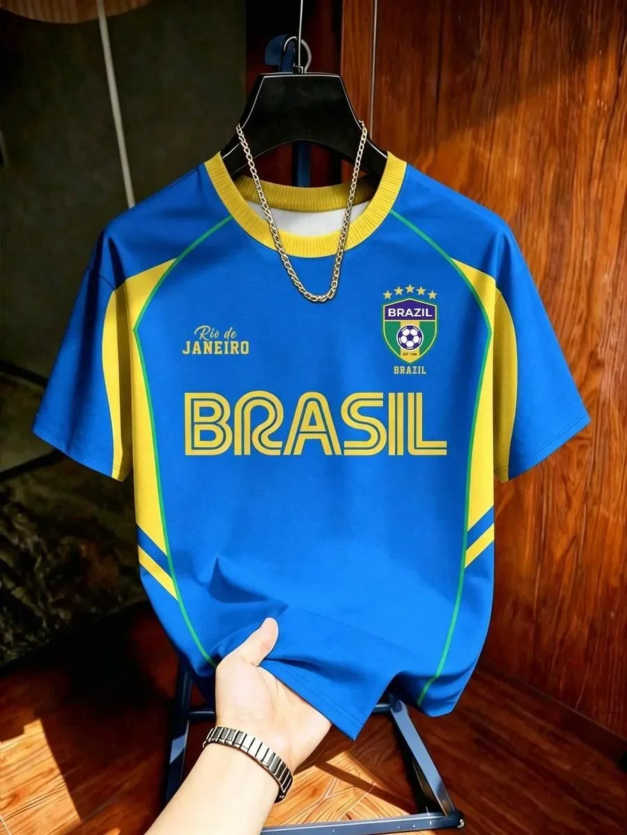 2026 Kids Brazil Football T-Shirt Soccer Jersey Stripe Retro Print Breathable Quick Dry Training Tee Fan Sport Tops For Men Women