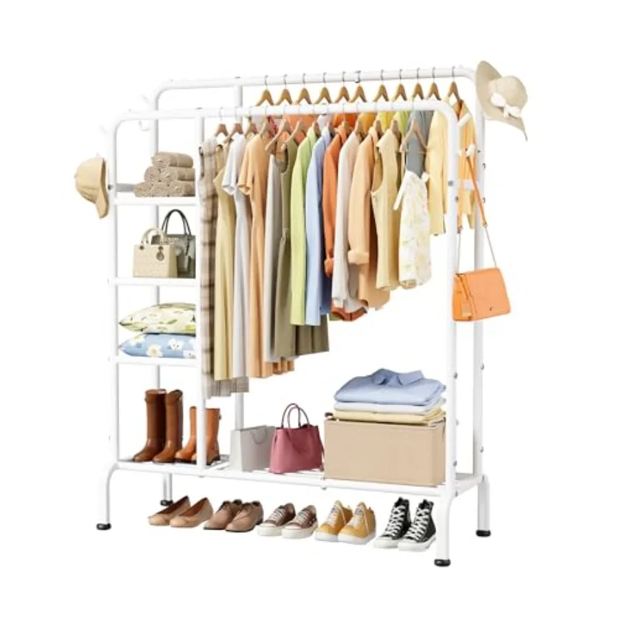 

Clothes Rack - Double-Rod Clothing Rack with Built-In Hooks and Shelves Multi-Functional Wardrobe Closet for Bedroom Living Roo