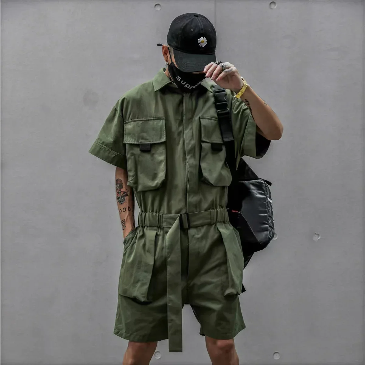Summer New Men's Japanese Short Sleeved Shorts Jumpsuit Set Trendy Retro Work Style Jumpsuit Loose Set Ultra Thin Ice Silk