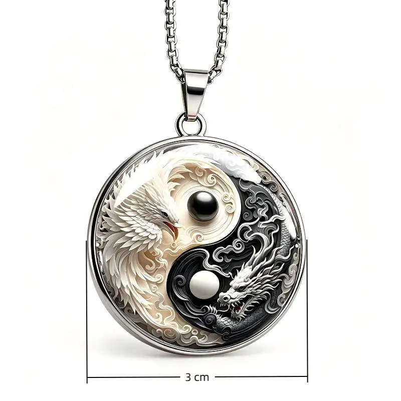 Modischer Glas-Zeit-Edelstein Weißer Phönix-Drachen-Talisman-Schlüsselanhänger Yin-Yang-Fisch Runder Glasanhänger DIY-Halskette Partygeschenk – Detail 6