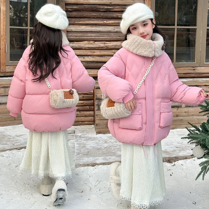 

Girls' Cotton Padded Jacket Coat Thickened Winter Fleece Inner Outerwear Pink Red Kids Down Parka With Bag XQX05
