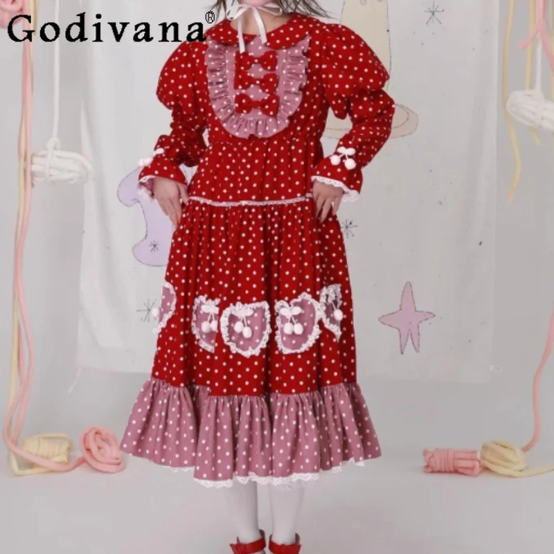

New Vintage Christmas Cute Girl Lolita Long Sleeve Dresses Spring Autumn Red Sweet Peter Pan Collar Bow High Waist A-line Dress