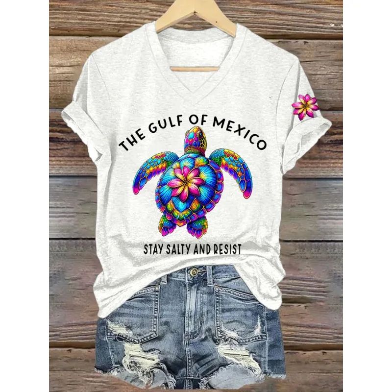 Ladies Short Sleeved T-Shirts Casual V Neck Summer Tops Gulf Of Mexico Day Printed T Shirt