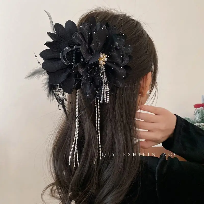 Female Black Feather Tassel Flower Hair Claws Elegant Women Girls Hair Hairpins Temperament Hair Accessories 2024 New Headwear