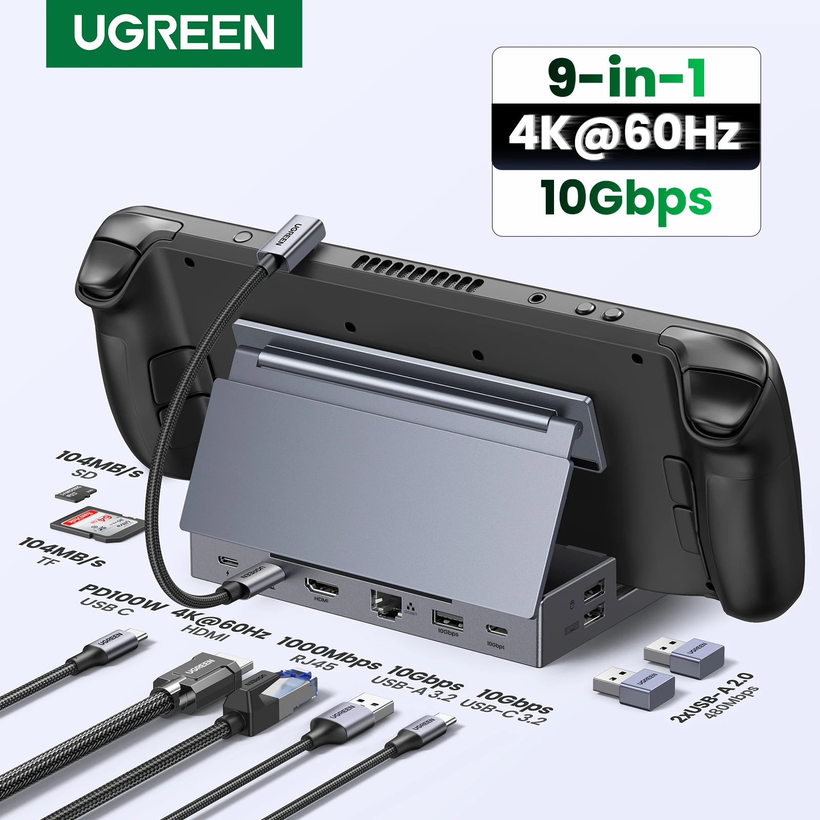 UGREEN Dock dek uap 4K60Hz, 9 port RJ45 PD100W USB C HUB kompatibel dengan Steam Deck ROG Ally LEGION Go iPhone 15 Pro/Pro Max