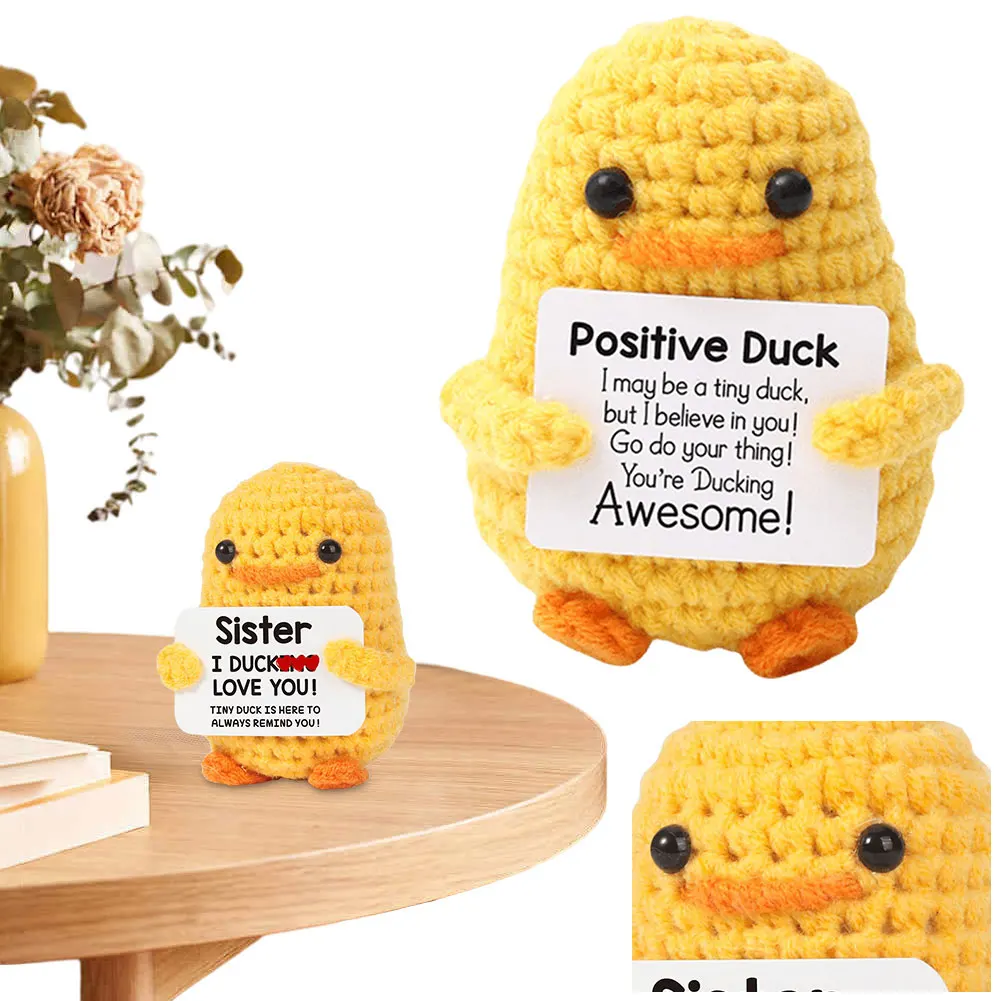 Crochet Yellow Duck Handmade Duck Ornaments with Positive Card Emotional Support Toy Creative Cheer Up Ornaments for Home Office