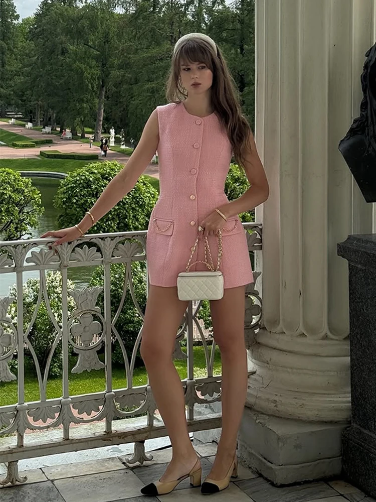 

Pink Tweed Sleeveless Short Dress Women High Waist Button Front Pocket Detail Robe 2025 New Elegant Party Fashion Summer Dresses