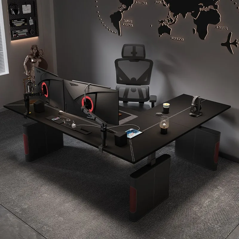 Electric Height-Adjustable Executive Desk Solid Wood Saddle Leather Computer Workbench with Three-Motor System for Bosses
