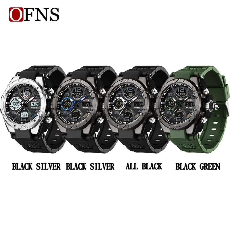 OFNS S6008 relojes de cuarzo de lujo para hombres, reloj deportivo militar resistente al agua para hombres, reloj de pulsera Digital LED con pantalla Dual