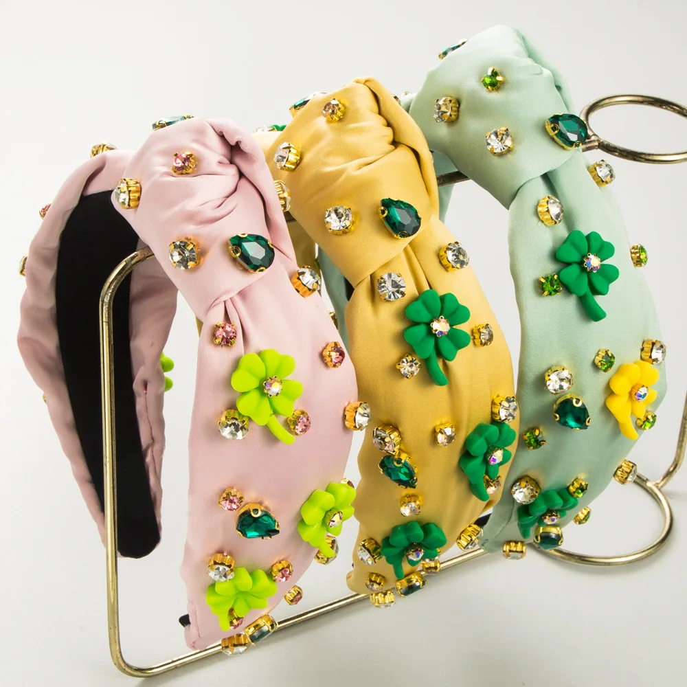 

Повязка на голову ко Дню Святого Патрика (Ирландия) из атласной ткани с ручной вышивкой стеклянными стразами, цветочная, элегантная, оптом