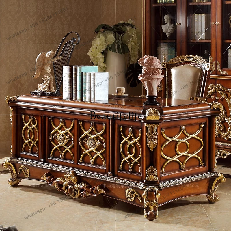 

D30Classical office computer desk, large desk, solid wood gold-painted European-style villa, luxury desk