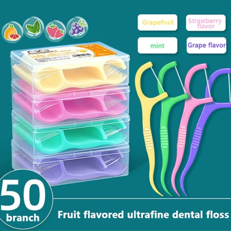 50Pcs/Box Floss Toothpick Set Colorful Fruit Flavor Dental Floss Pick Portable Toothpick Floss Teeth Cleaner With Storage Tube